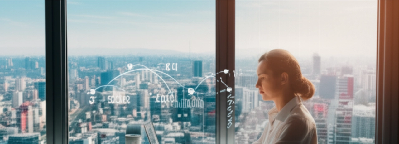Immagine iperrealistica di una calma e potenziata piccola imprenditrice caucasica che gestisce ordini internazionali su un laptop, con vista su una città globale.