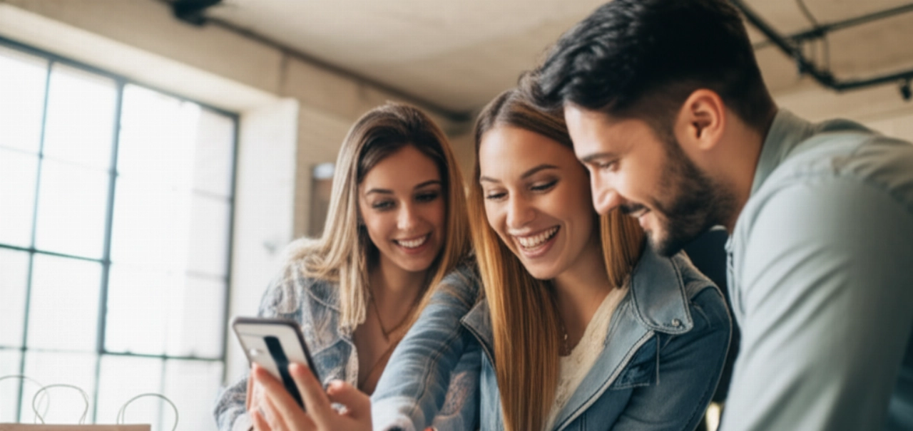 Tre giovani amici caucasici riuniti in un appartamento elegante, uno mostra un prodotto di social commerce sul suo smartphone agli altri, che sorridono e sono coinvolti.
