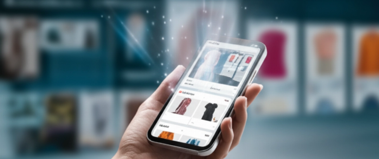 Una mano caucasica che tiene uno smartphone con un'interfaccia di social commerce luminosa, da cui flussi di dati eterei si estendono verso rappresentazioni di prodotti sfocate sullo sfondo, simboleggiando un'integrazione senza soluzione di continuità.