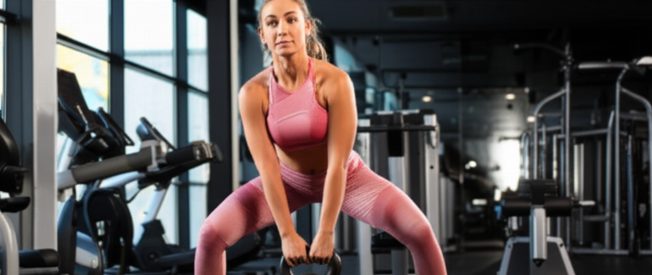 Immagine iperrealistica di una donna caucasica che si allena con un kettlebell in una palestra moderna, evidenziando l'attrezzatura fitness.