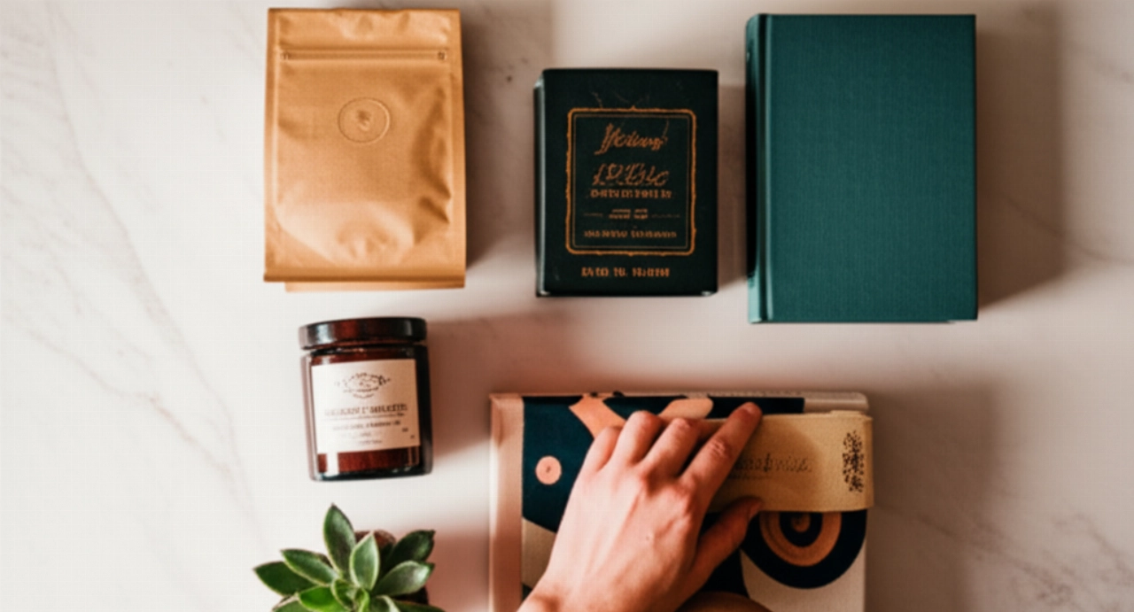 Una composizione piatta splendidamente organizzata di prodotti lifestyle premium, inclusi caffè, una candela, un libro e una pianta, con una mano che posiziona un oggetto.