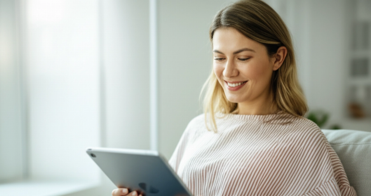 Una donna caucasica sorridente usa comodamente un tablet in un luminoso spazio abitativo, trasmettendo un senso di soddisfazione e un'esperienza di commercio digitale senza sforzo.