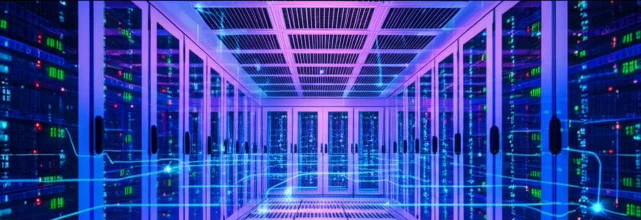 Un data center astratto e futuristico con linee di rete luminose e sottili visualizzazioni di dati, che simboleggia un'infrastruttura digitale potente e scalabile.