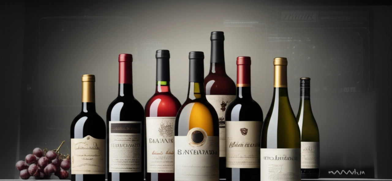 Una squisita esposizione di varie bottiglie di vino con un sottile bagliore di interfaccia digitale, che rappresenta un catalogo di vini online premium.