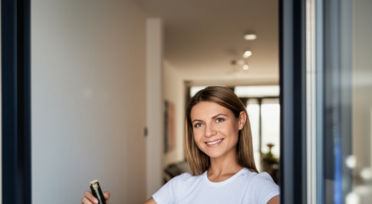 Una donna caucasica sorridente che riceve a casa una scatola di consegna piena di bottiglie di vino, illustrando la comoda consegna di vino online.