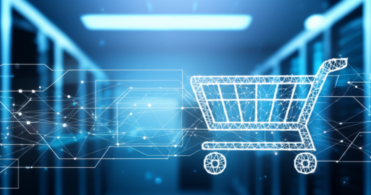 Visualizzazione astratta di linee e nodi digitali luminosi che rappresentano il flusso di dati e-commerce sicuro, con una sottile silhouette di negozio online.