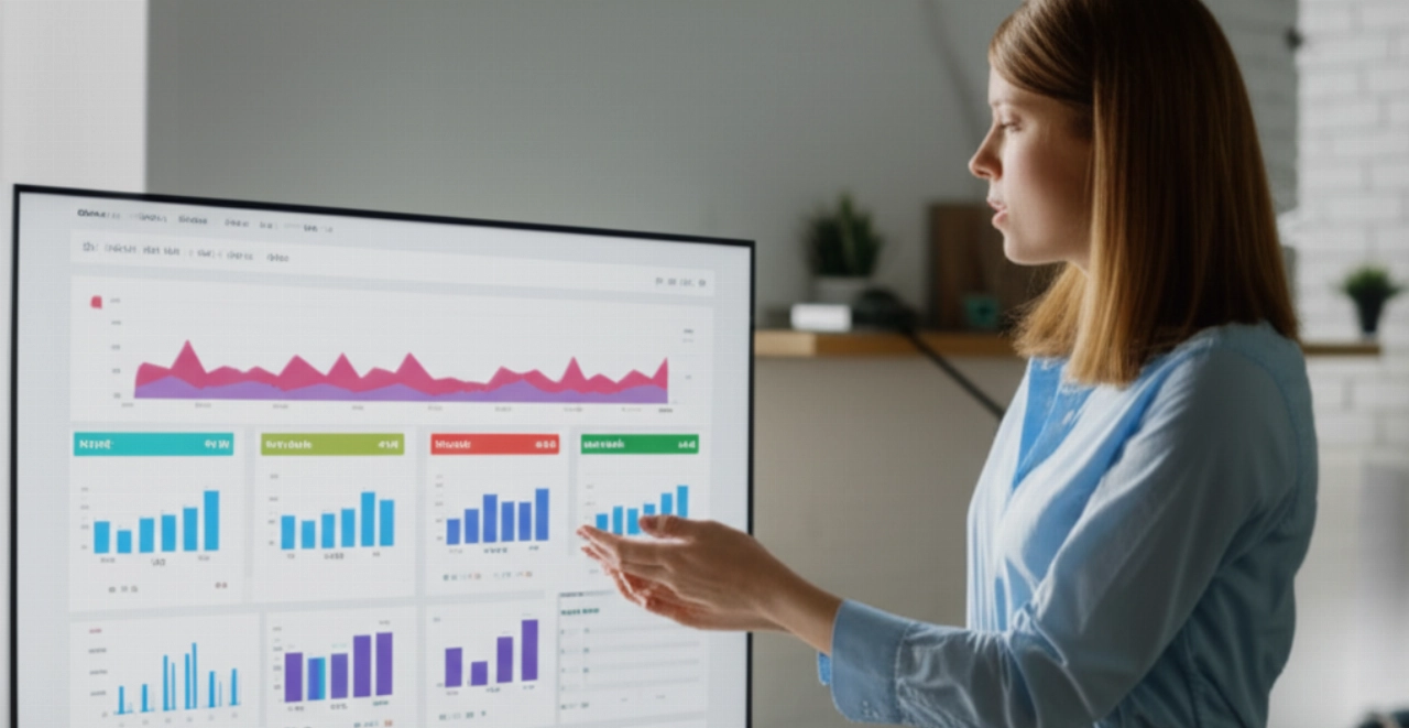 Una donna caucasica sicura di sé che interagisce con una dashboard WooCommerce su un grande schermo, ottimizzando le operazioni di e-commerce.