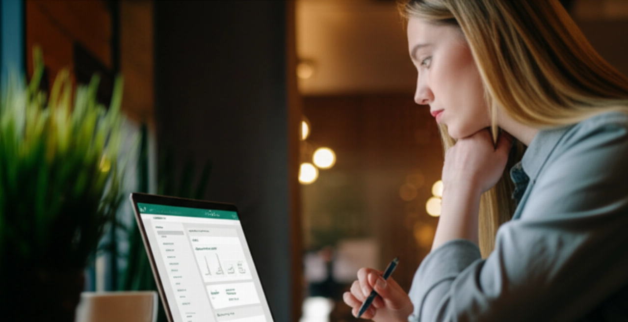 Una donna caucasica concentrata che lavora su un laptop mostrando un'interfaccia WooCommerce semplificata, pianificando strategie di e-commerce convenienti.