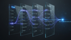 Technical 3D visualization of auto parts e-commerce architecture, depicting multi-layered fitment data orchestration and real-time ERP synchronization using glowing indigo API streams in a slate-grey environment.