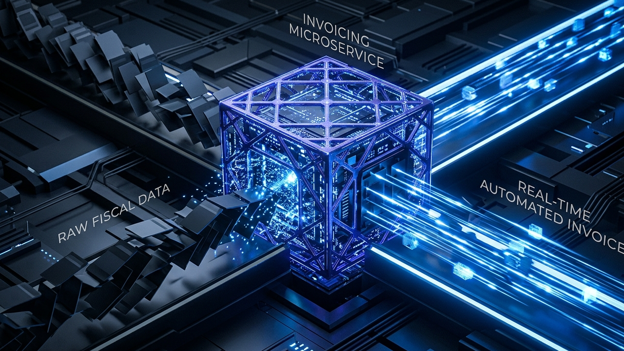 Technical 3D visualization of automated invoicing for B2B e-commerce, depicting real-time state synchronization between a commerce engine and an ERP using glowing indigo data streams and modular fiscal structures in a slate-grey environment.