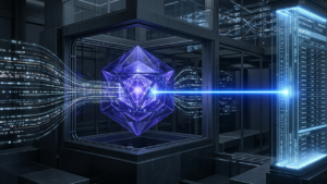 Technical 3D visualization of B2B BNPL provider integration, depicting a glowing indigo credit underwriting engine orchestrating real-time net-terms and liquidity within a slate-grey enterprise commerce mesh.
