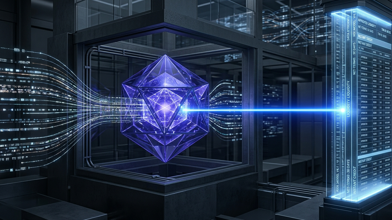 Technical 3D visualization of B2B BNPL provider integration, depicting a glowing indigo credit underwriting engine orchestrating real-time net-terms and liquidity within a slate-grey enterprise commerce mesh.