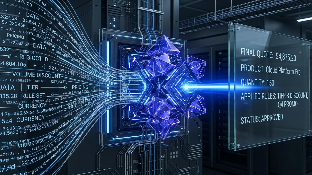 Technical 3D visualization of B2B sales quoting software architecture, depicting a glowing indigo logic engine orchestrating complex pricing data and quote-to-order workflows in an enterprise e-commerce environment.