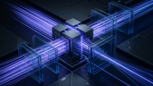 Technical 3D visualization of BigCommerce headless architecture, depicting glowing indigo data streams passing through geometric API limit barriers to achieve high-performance throughput in a slate-grey environment.