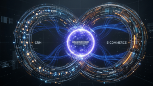 Technical 3D visualization of CRM integration with e-commerce, depicting real-time state synchronization between Salesforce/HubSpot identity nodes and a commerce engine through a glowing indigo API mesh in a slate-grey environment.