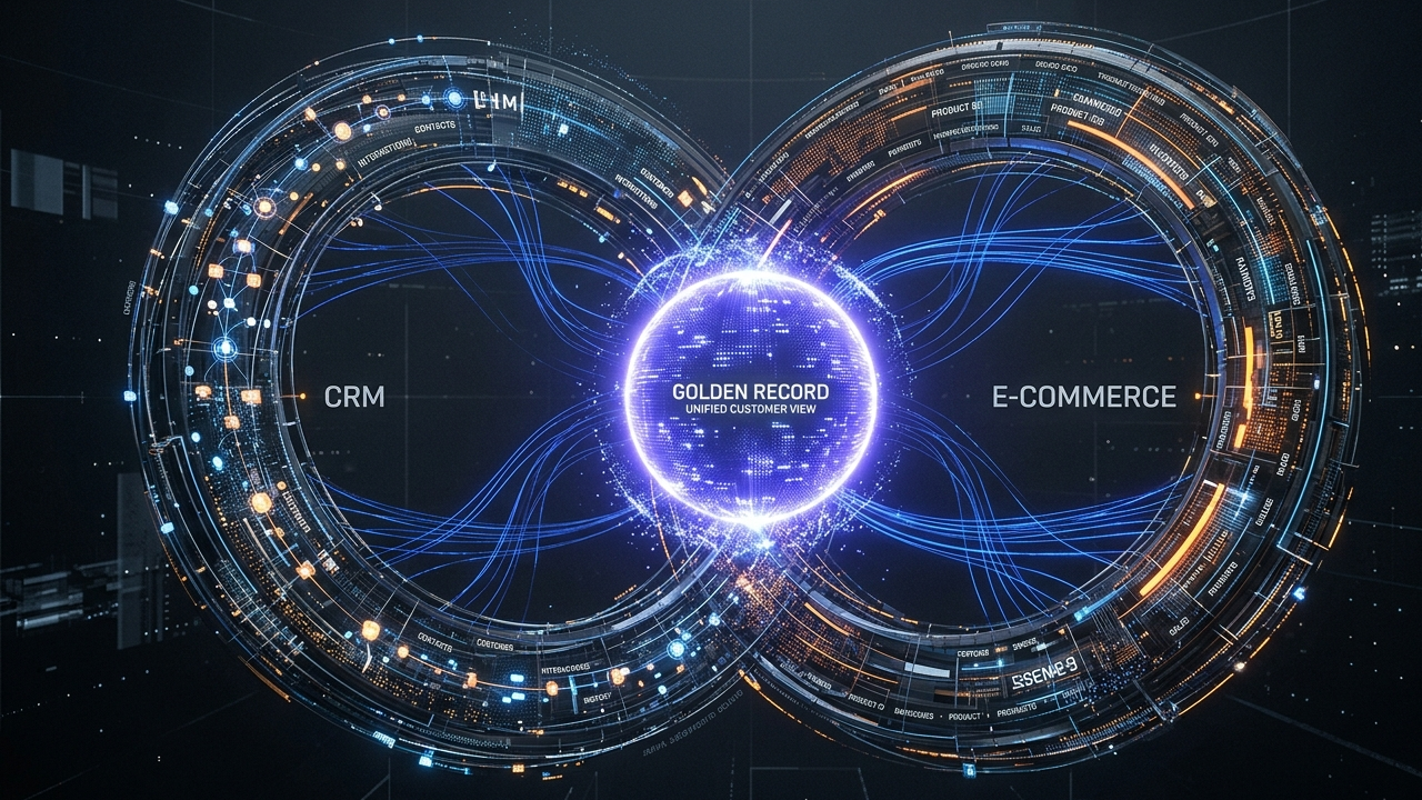 Technical 3D visualization of CRM integration with e-commerce, depicting real-time state synchronization between Salesforce/HubSpot identity nodes and a commerce engine through a glowing indigo API mesh in a slate-grey environment.
