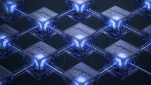 Technical 3D visualization of Commercetools architecture, showing a decoupled ecosystem of floating indigo modular services (PBCs) interconnected by a high-speed API mesh in a slate and cobalt color scheme.