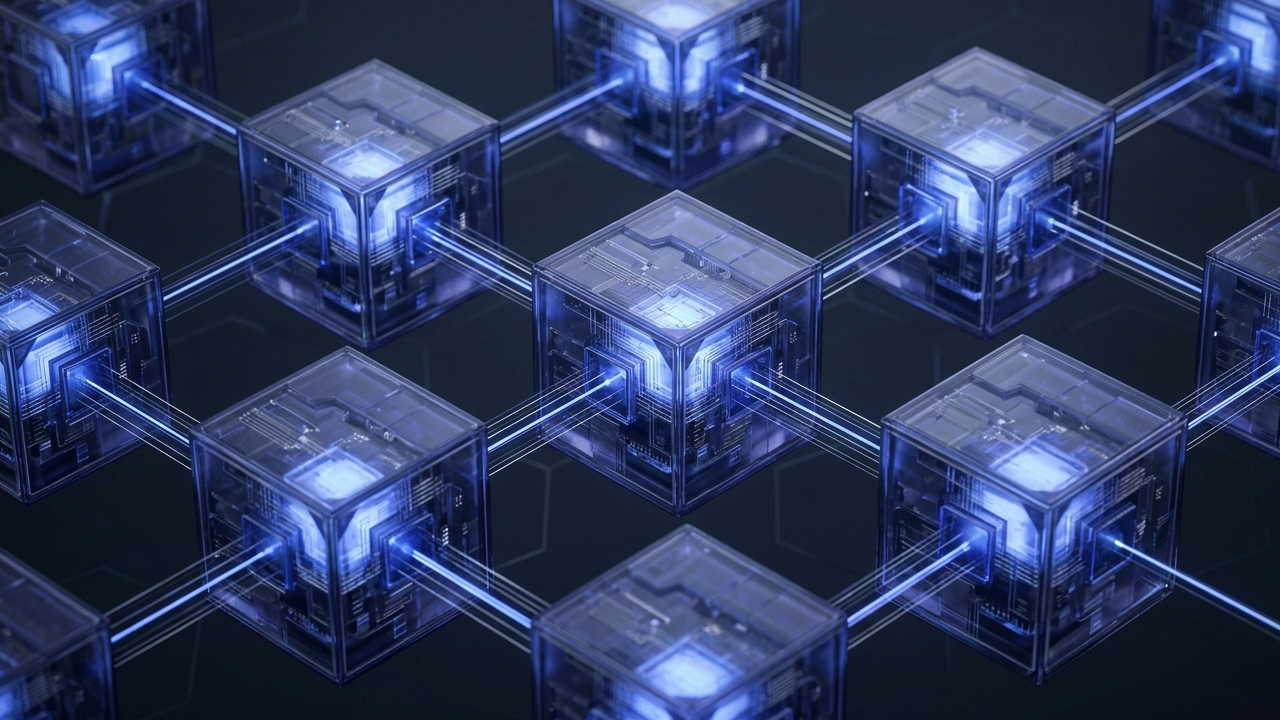 Technical 3D visualization of Commercetools architecture, showing a decoupled ecosystem of floating indigo modular services (PBCs) interconnected by a high-speed API mesh in a slate and cobalt color scheme.