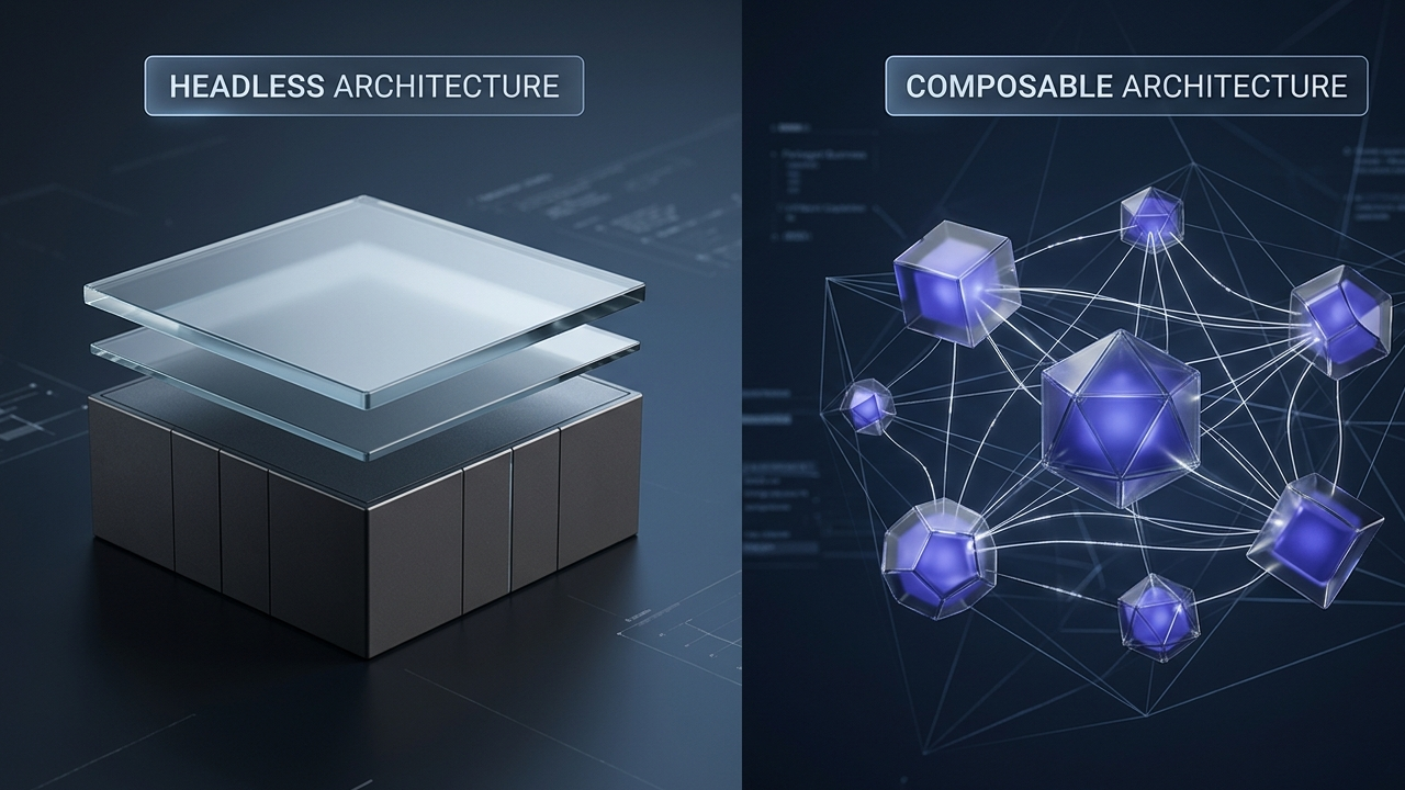 Technical 3D comparison of Headless vs Composable Commerce architectures, showing a decoupled dual-layer structure next to a modular ecosystem of floating indigo Packaged Business Capabilities (PBCs) connected by an API mesh.