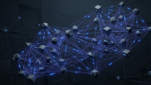 Technical 3D visualization of enterprise e-commerce shipping API integration, depicting a glowing indigo data mesh orchestrating real-time logistics and multi-carrier synchronization within a slate-grey architectural environment.