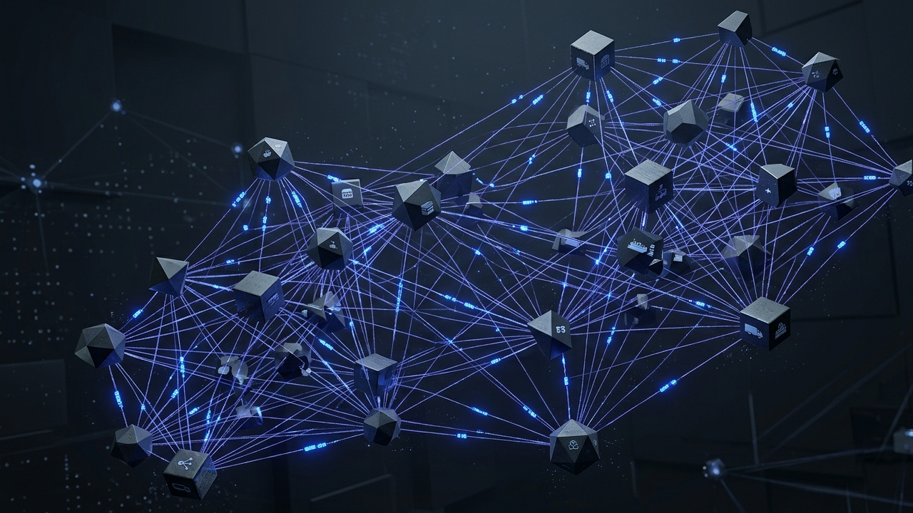 Technical 3D visualization of enterprise e-commerce shipping API integration, depicting a glowing indigo data mesh orchestrating real-time logistics and multi-carrier synchronization within a slate-grey architectural environment.