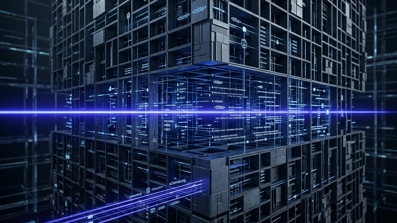 Technical 3D visualization of an enterprise SEO audit, depicting a glowing indigo crawl beam scanning a massive architectural data grid in a slate-grey digital infrastructure.