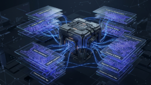 Technical 3D visualization of a headless commerce platform for B2B enterprise, depicting modular organizational layers and glowing indigo API connectivity threads in a slate-grey digital infrastructure.