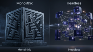 Technical 3D visualization comparing monolithic vs headless commerce architectures, showing a unified solid core transitioning into a modular, decoupled API-first infrastructure in slate and indigo colors.