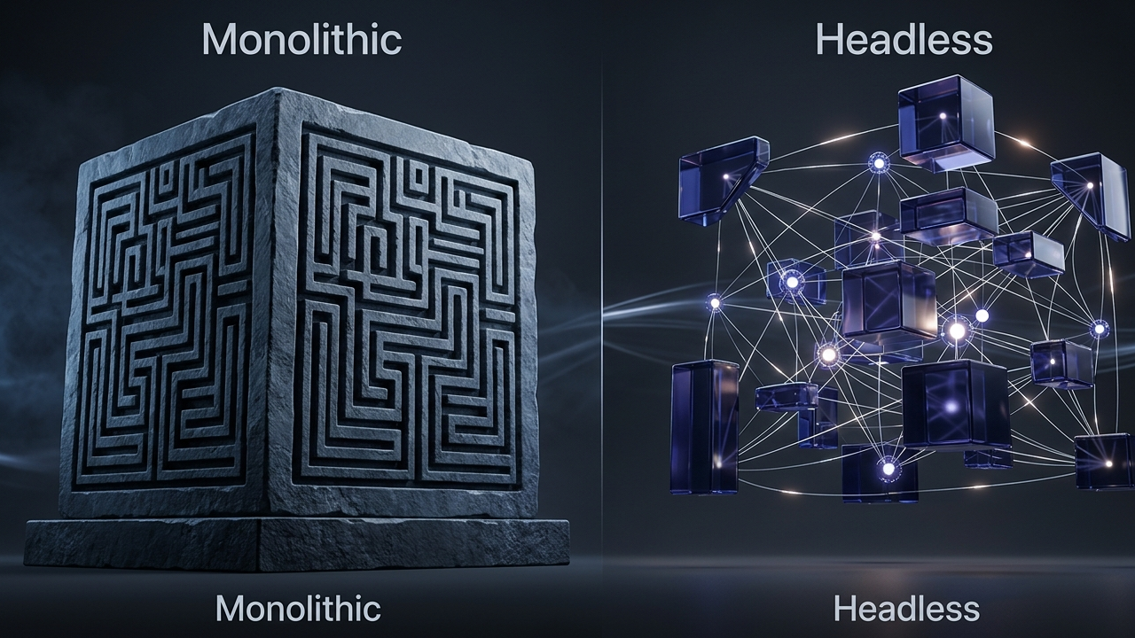 Technical 3D visualization comparing monolithic vs headless commerce architectures, showing a unified solid core transitioning into a modular, decoupled API-first infrastructure in slate and indigo colors.