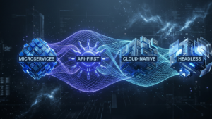 Technical 3D visualization of MACH architecture principles, showing decoupled modular microservices connected by a luminous indigo API mesh in a cloud-native environment.