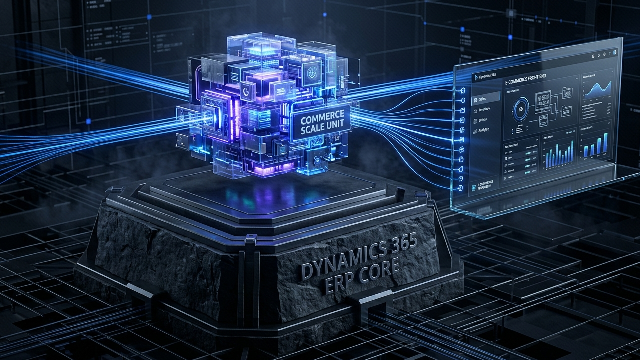 Technical 3D visualization of Microsoft Dynamics 365 e-commerce integration, depicting real-time data synchronization between the ERP core and a modular Commerce Scale Unit using glowing indigo API streams in a slate-grey environment.