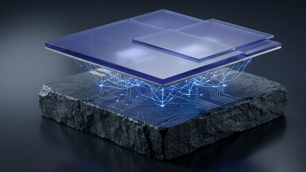Abstract 3D technical visualization of a Magento headless migration, showing a solid slate backend base connected by a glowing indigo API mesh to a decoupled floating glass storefront layer.