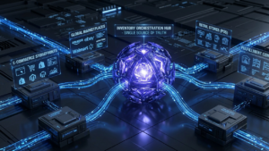 Technical 3D visualization of multi-channel inventory management APIs, depicting a glowing indigo central data hub and real-time state synchronization mesh within a slate-grey enterprise e-commerce infrastructure.