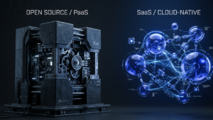 Technical visualization comparing Open Source vs SaaS e-commerce architectures, depicting infrastructure control vs cloud-native API abstraction.