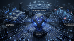 Technical 3D visualization of PIM e-commerce integration, showing a central slate-grey data hub distributing glowing indigo product attributes and geometric data nodes through an enterprise API mesh.