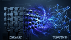 Technical visualization of a PrestaShop to WooCommerce migration, depicting the structural transition and TCO analysis for enterprise e-commerce.