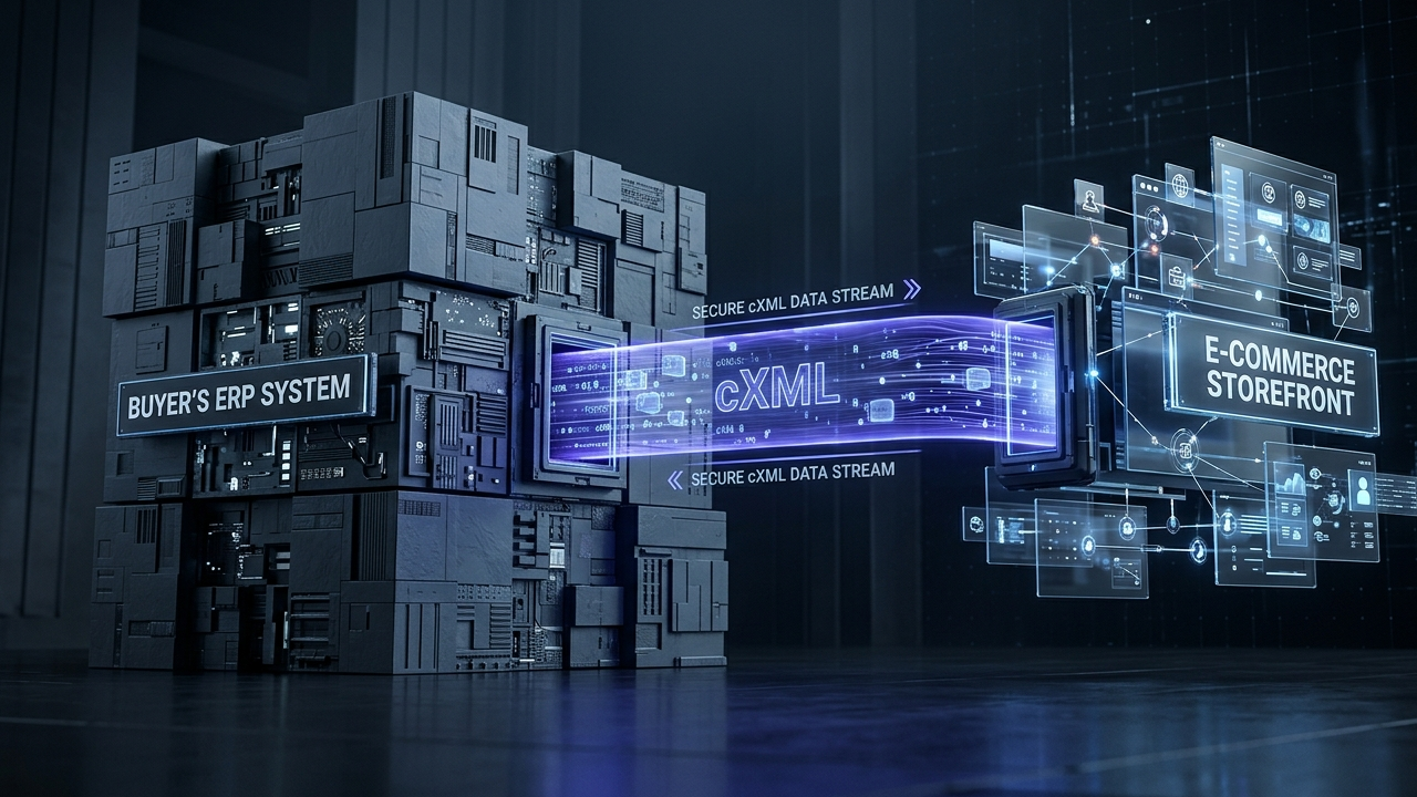 Technical 3D visualization of punchout catalog integration, depicting a glowing indigo data bridge connecting an e-procurement ERP system to a supplier storefront using cXML/OCI protocols in a slate-grey architectural environment.