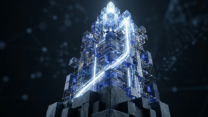 Abstract 3D technical render showing the ROI of headless commerce migration, depicting a vertical transition from solid traditional foundations to a soaring, efficient mesh of glowing indigo data modules.