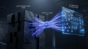 Technical visualization of SAP Business One e-commerce integration, showing data synchronization between ERP Service Layer and headless storefront.
