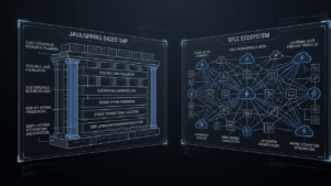 Technical comparison between SAP Hybris and Salesforce Commerce Cloud architectures, depicting PaaS extensibility vs SaaS cloud orchestration for B2B enterprise.