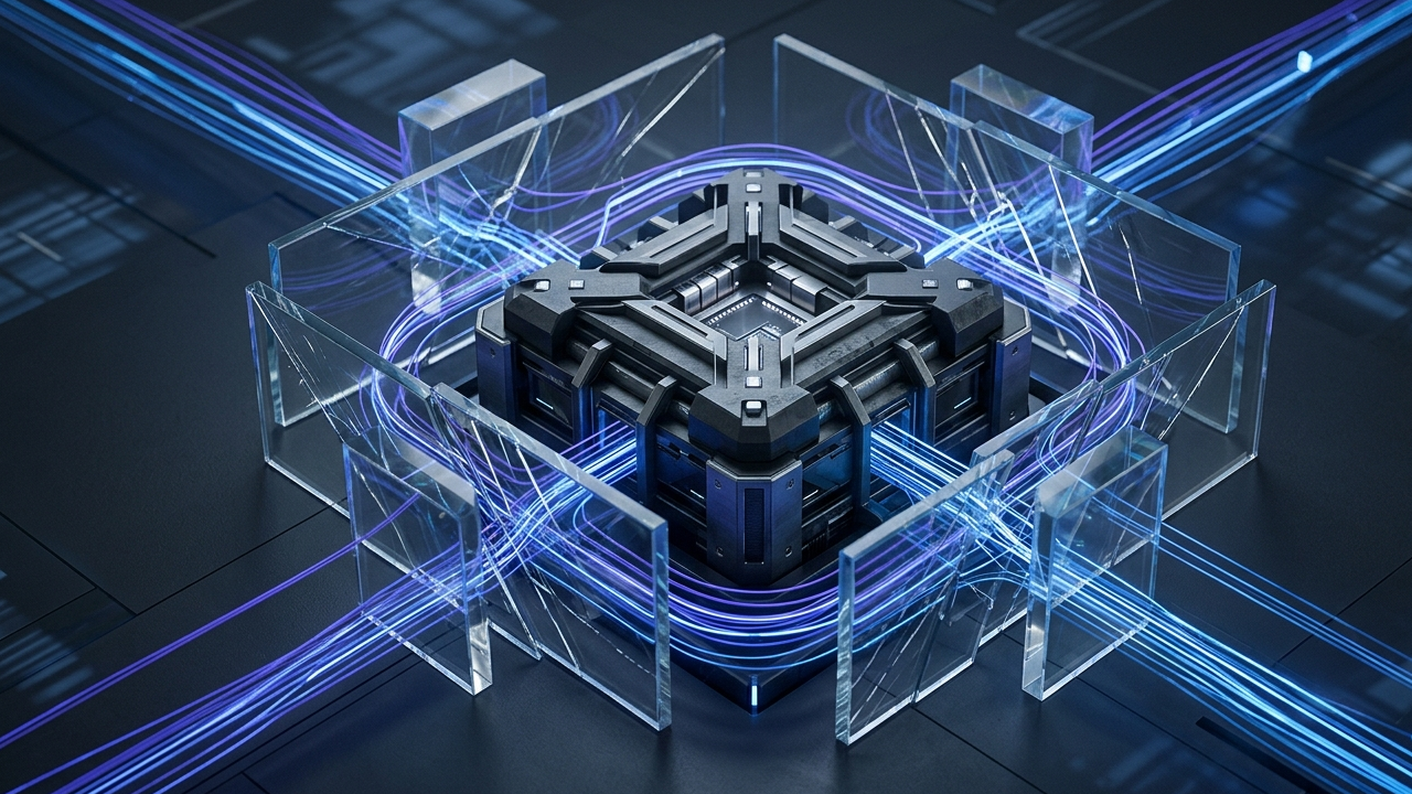 Technical 3D abstract render of headless commerce architecture, depicting a platform core with glowing indigo API workarounds navigating through transparent geometric technical barriers in slate and cobalt colors.