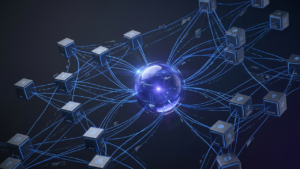Technical visualization of Shopify Plus multi-store management, depicting global data synchronization and expansion store orchestration.