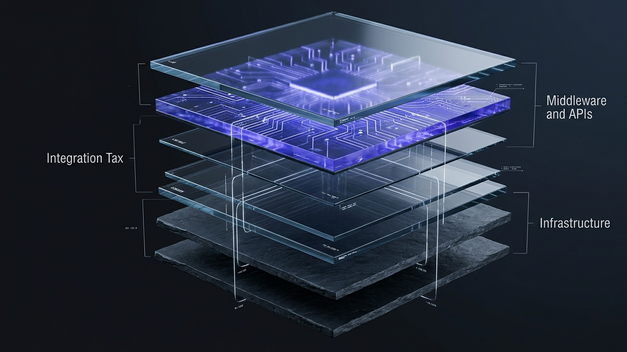 Abstract 3D technical visualization of headless commerce TCO breakdown, showing stacked modular architecture layers and glowing API integration lines in slate and indigo colors.