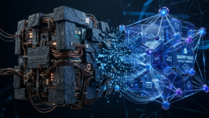 Technical visualization of an enterprise migration from Magento to Shopify Plus, depicting the transformation from legacy PaaS to modern SaaS API architecture.